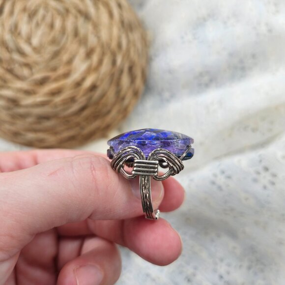 Vintage Cobalt Blue Heay Blown Glass Wire Wrapped Handmade Ring - Picture 3 of 10